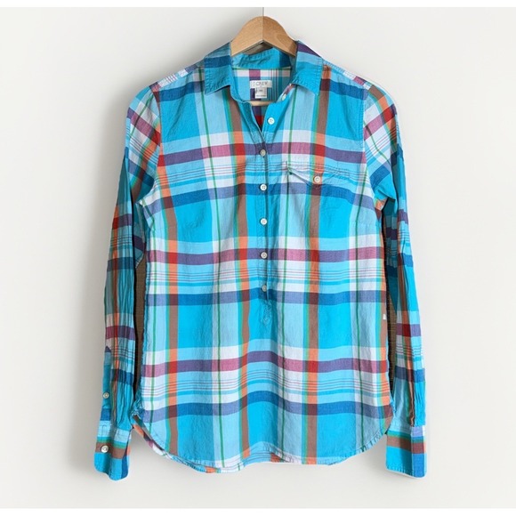 J.CREW Tops - J Crew‎ Women's Half Button Down Shirt XS Blue Plaid Lightweight Long Sleeve